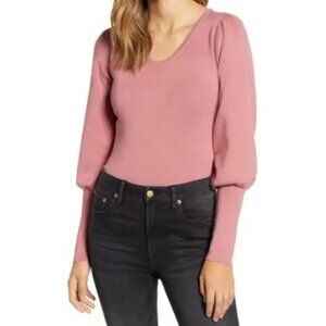 Rachel Parcell Puff Juliet Sleeve Sweater L Scoop V Neck Knit Cotton Rose Pink